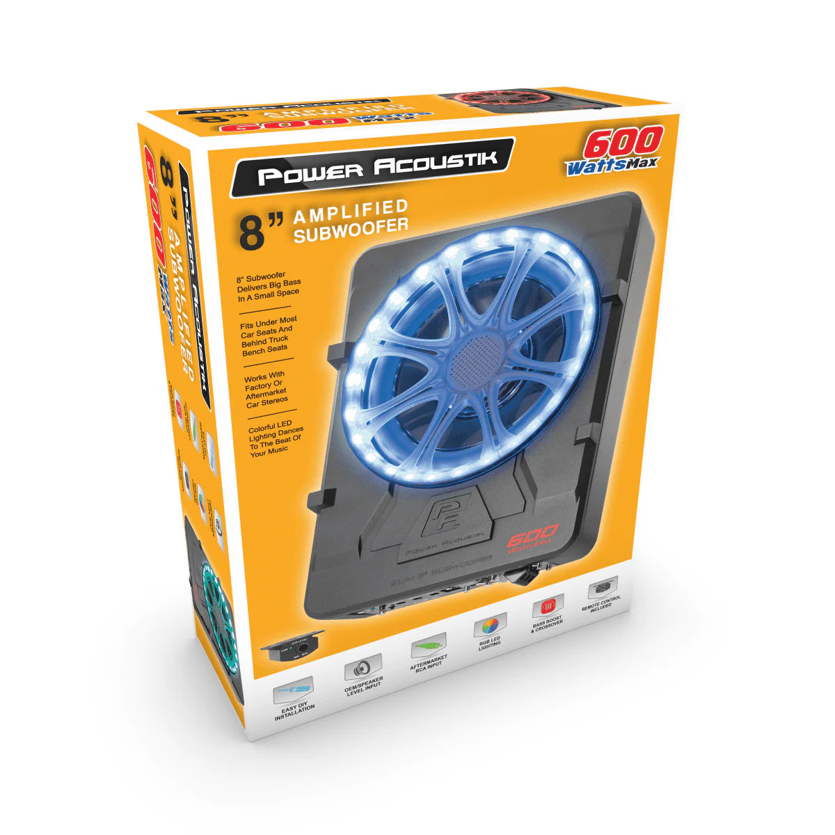 Power Acoustik Low Profile 8" Car Subwoofer Enclosure with 600W Class D Amplifier & LED Lighting