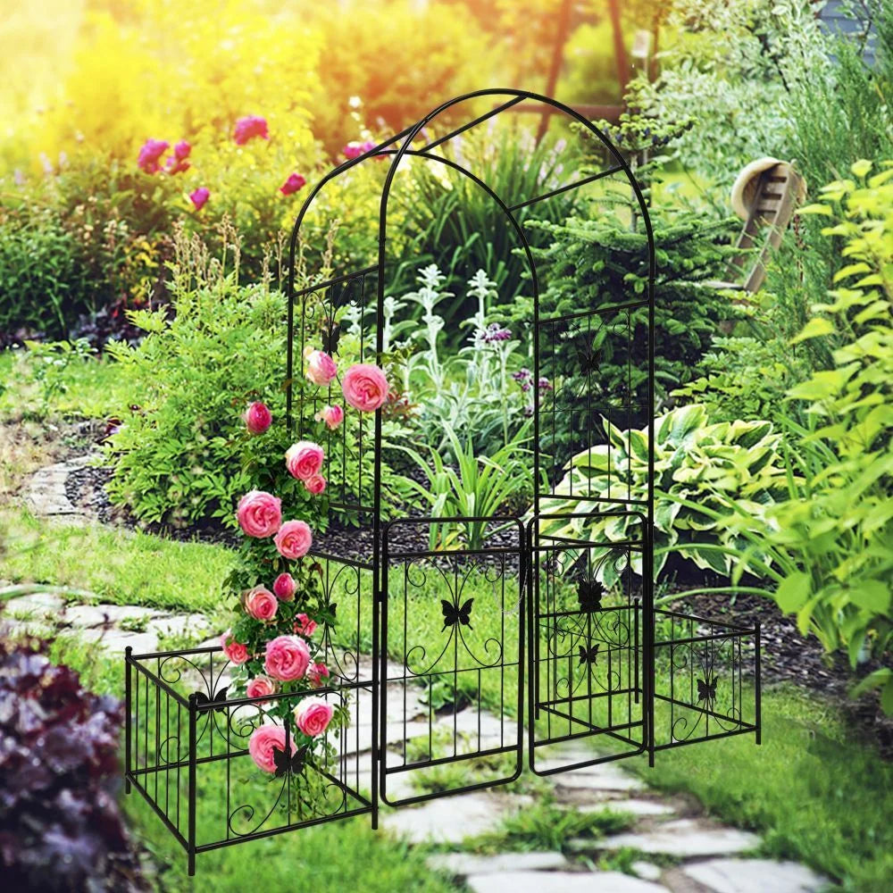 IVV 7.2ft Garden Arbor Arch with Gate and Side Planter Box, Wedding Arch Archway for Ceremony Party, Trellis for Plant Climbing, Christmas Decorations Pergola for Backyard, Lawn, Patio, Yard (Black)