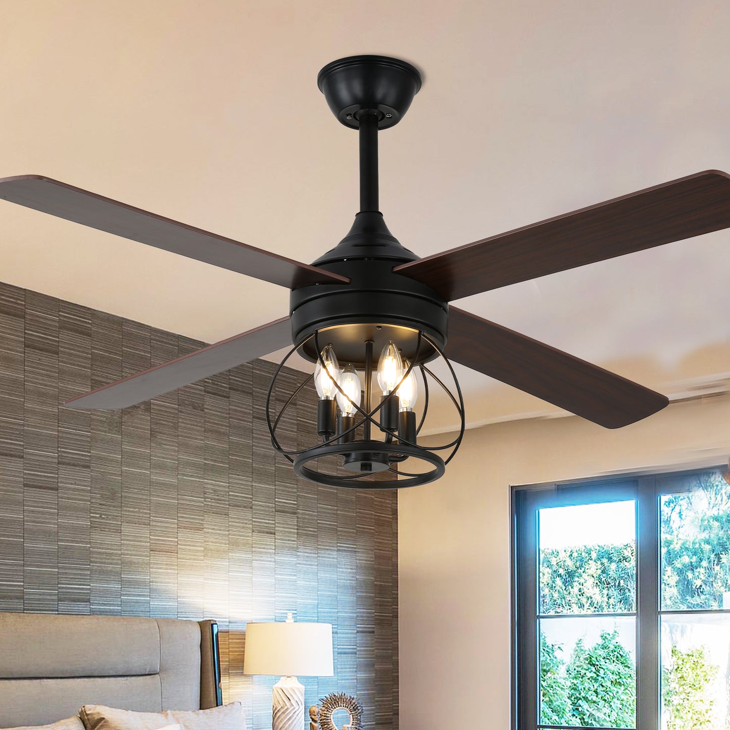 52" Farmhouse Ceiling Fan 4-Light Wood Lighting Reversible Blades with Light and Remote Control 6 Speed