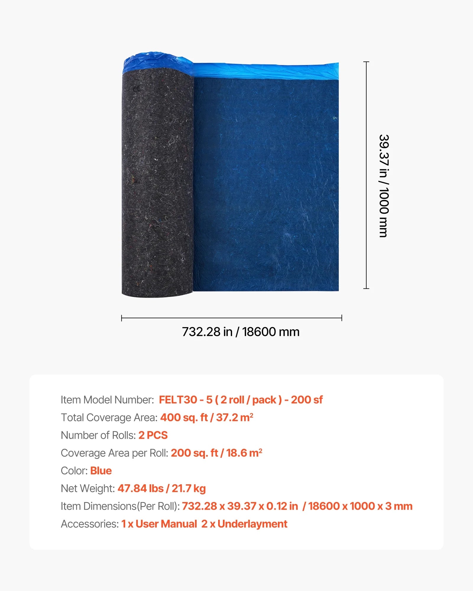 VEVOR Floor Underlayment 400 sq. ft, 3mm Laminate Flooring Padding with Attached Vapor Barrier, Heavy Duty Fiber+PE Film, Soundproofing & Noise Reduction for Vinyl & Wood(2 Rolls x 200 sq. ft)