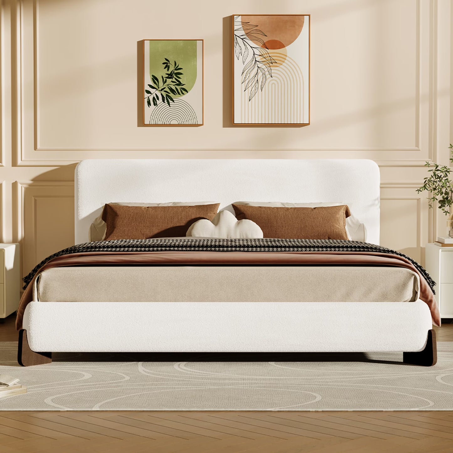 Christopher Knight Home Boucle Upholstered Queen Bed with Curved Wood legs, White
