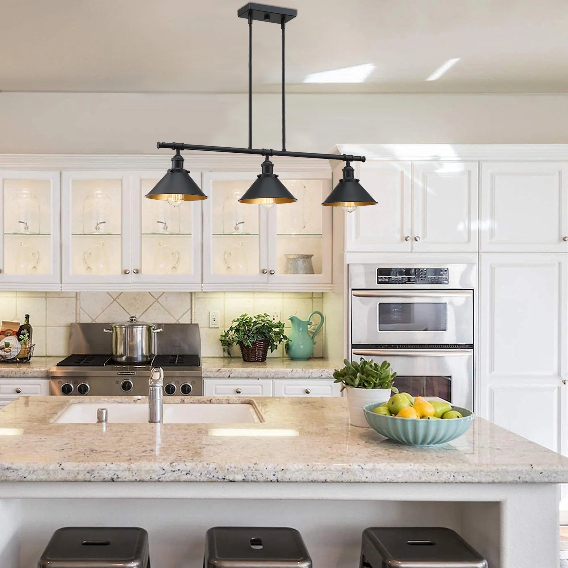 3-Light Matte Black Pendant Lighting for Kitchen Island Industrial Ceiling Mount Light Fixture for Dining Room, Living Room, Dining Table, Bars with Gold Painting Inside Finish
