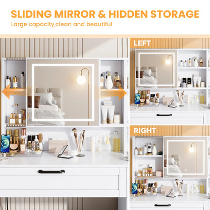 SESSLIFE 41''Vanity Set with Charging Station, Large Makeup Desk with LED Sliding Mirror, 3 Lighting Modes Adjustable Brightness, Makeup Dressing Table Set for Adults,Women, White