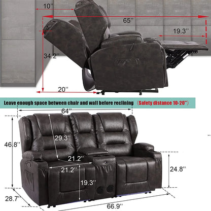 IPKIG Electric Home Theater Seating- Power Recline Chair Loveseat RV Sofa with Console, 67" Double Recliner 2-Seater RV Couch with Storage/USB Charging/Lighting/Cup Holders for Living Room