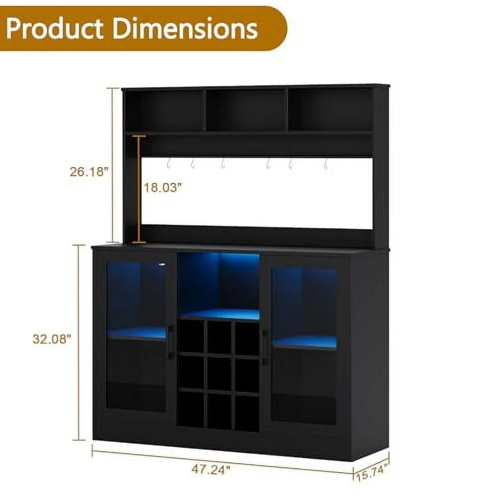 Juiluna Coffee Bar Cabinet Wine Bar Cabinet with Power Outlet, 6 Hooks,9 Wink Racks and Adjustable Shelf, Liquor Cabinet Bar with LED Light, Buffet Sideboard with Storage Shelf for Kitchen, Black