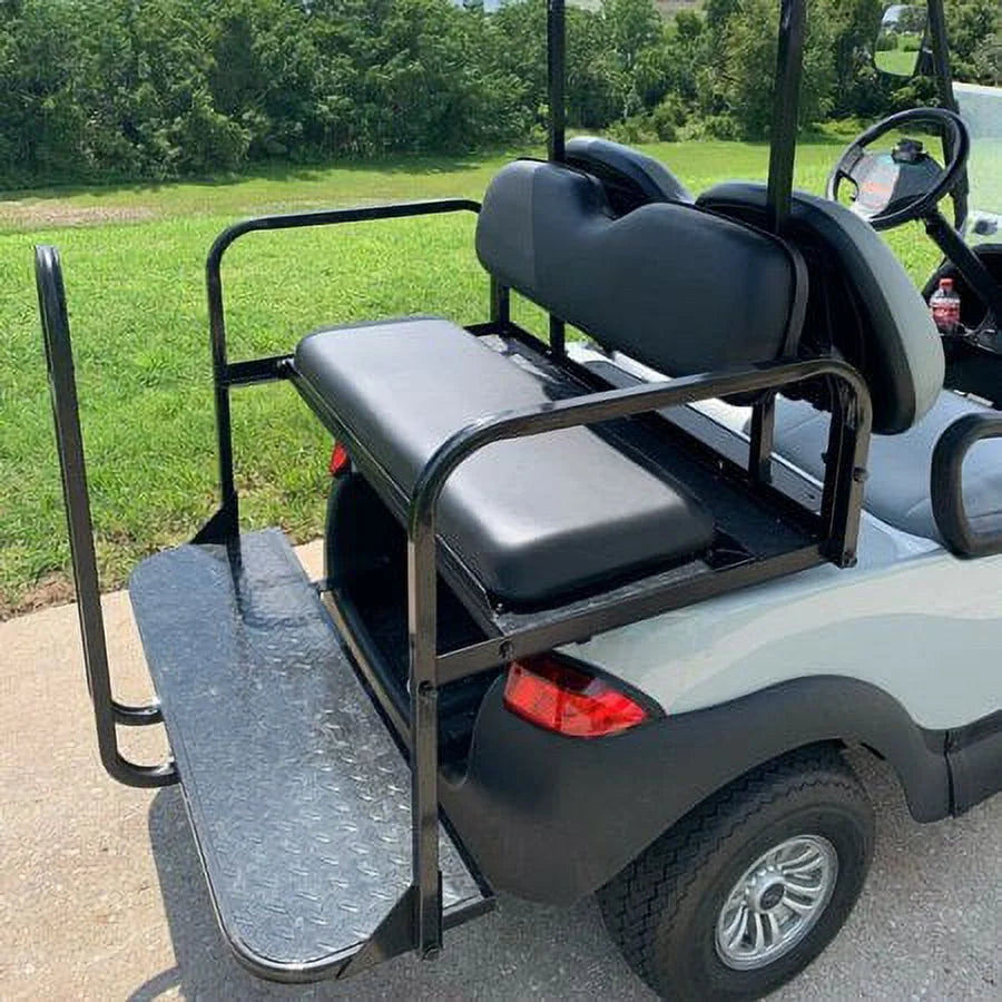 Kojem Flip Folding Rear Black Seat Kit for 2004-up Club Car Precedent Gas or Electric Models Golf Cart w/Extra Handle Bar w/Roof Support - 3 Packages & All Hardware