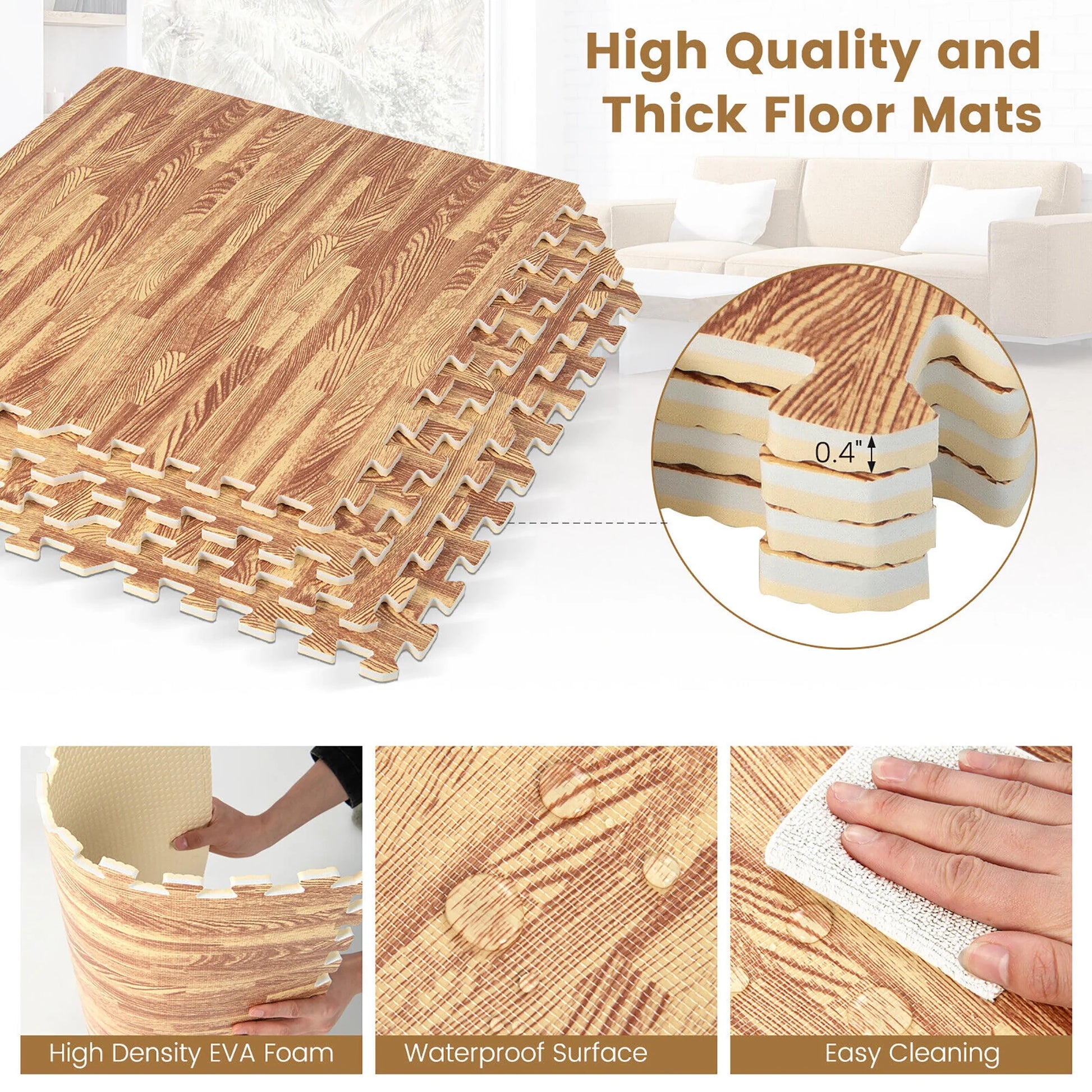 Gymax 24 Tiles Wood Grain EVA Foam Floor Mats Interlocking w/Borders 24'' Natural