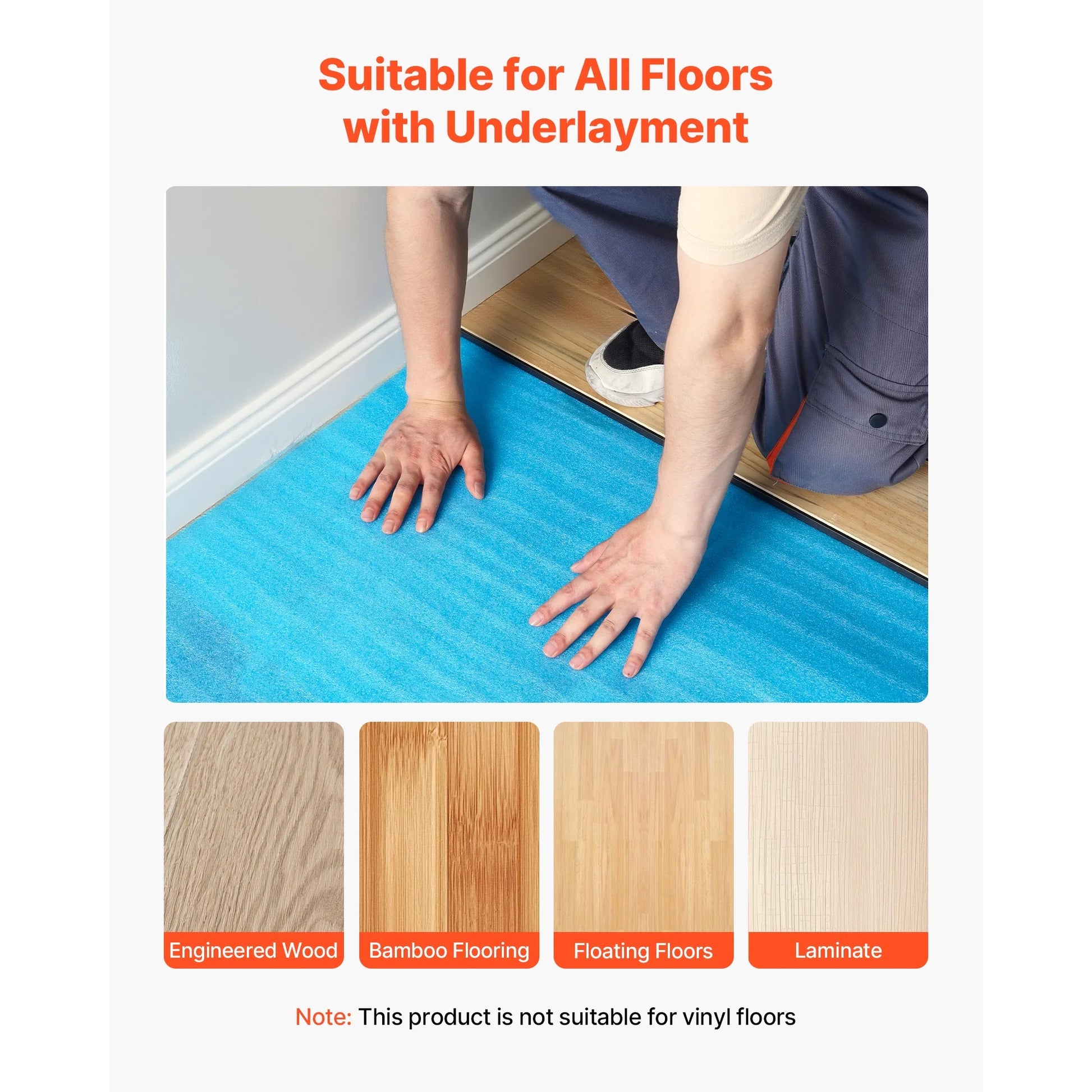 KFFKFF Floor Underlayment 600 sq. ft, 3-in-1 2 mm Thick Padding with Tape & Moisture Barrier, Durable EPE Foam for Sound Dampening & Noise Control, Suitable for Laminate Wood (6 Rolls x 100 sq. ft)