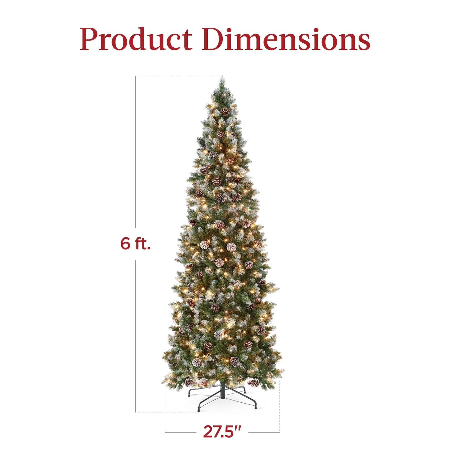 Best Choice Products 6ft Pre-Lit Partially Flocked Pencil Christmas Tree w/250 Lights, Pine Cones, Foldable Stand