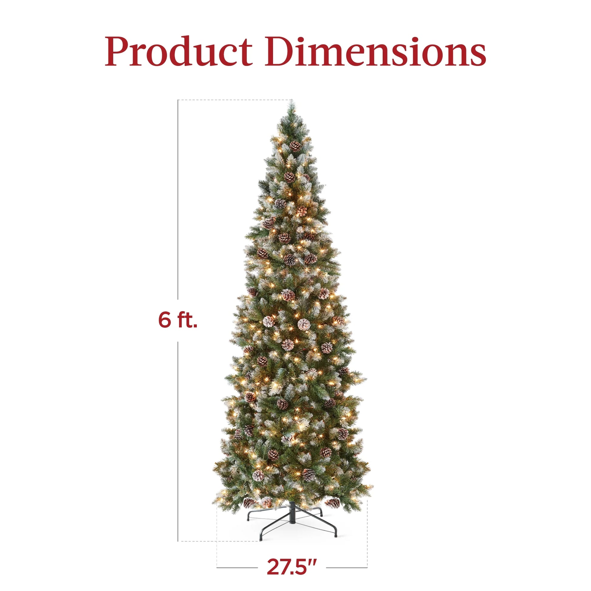Best Choice Products 6ft Pre-Lit Partially Flocked Pencil Christmas Tree w/250 Lights, Pine Cones, Foldable Stand