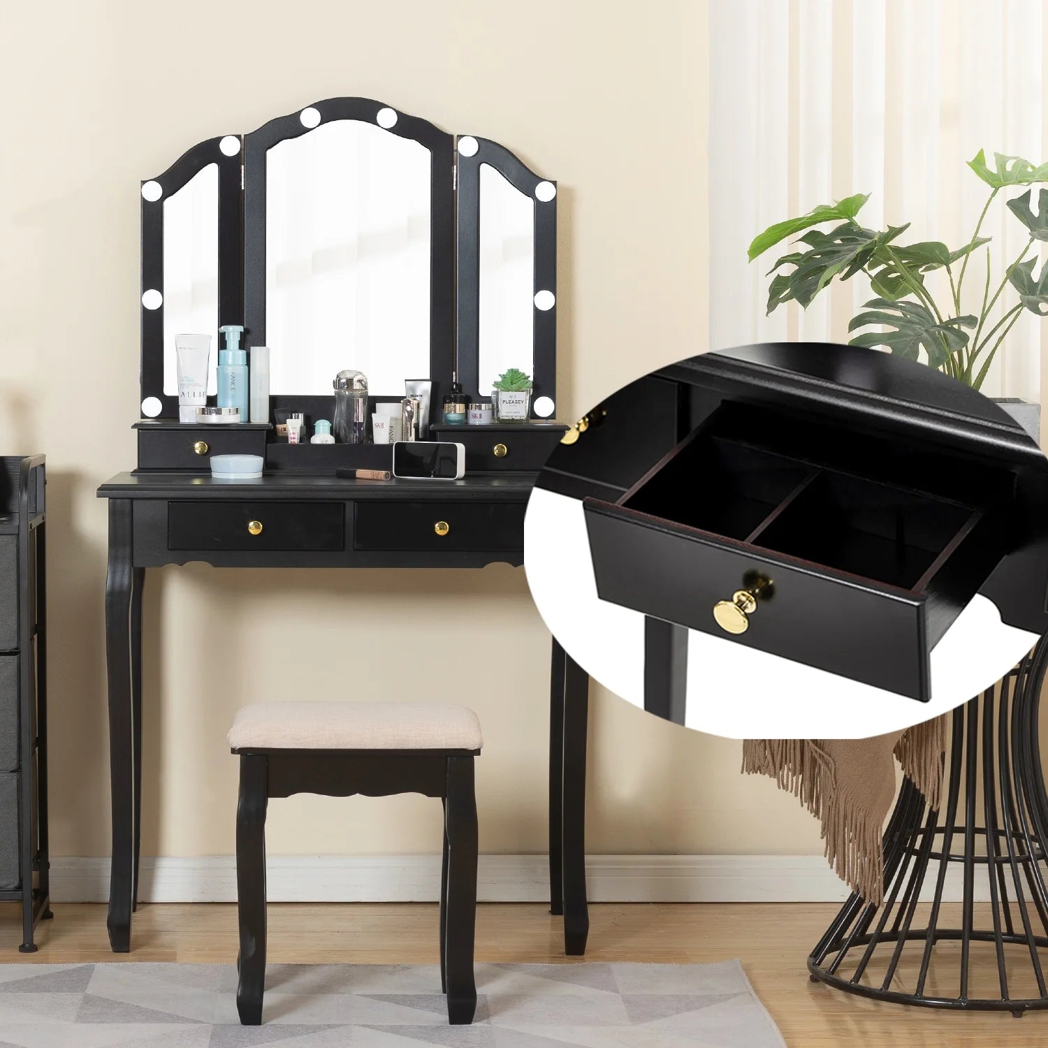 LilyFantasy Vanity Set with Mirror and Lights, Makeup Vanity for Women and Girls, Modern Make up Table and chair for Bedroom, 10 LED Light Bulbs & 3 Color Lighting Modes, White