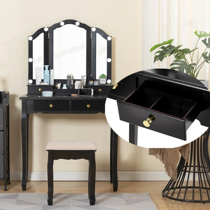 LilyFantasy Vanity Set with Mirror and Lights, Makeup Vanity for Women and Girls, Modern Make up Table and chair for Bedroom, 10 LED Light Bulbs & 3 Color Lighting Modes, White
