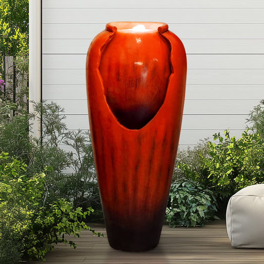 ourrco 30.7"H Concrete Vase Water Fountain, Modern Cascading Waterfall Feature with LED Lighting and Pump, Perfect for Indoor or Outdoor Home and Garden Decor, Red