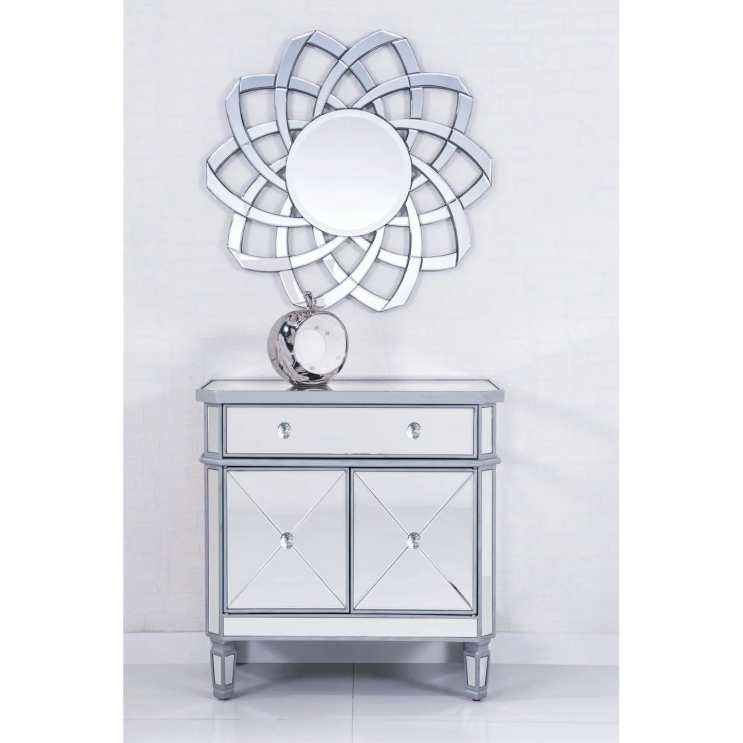 Elegant Lighting Side Cabinet Contemporary Silver Clear Brushed Steel Mirror Solid Wood Mirrors