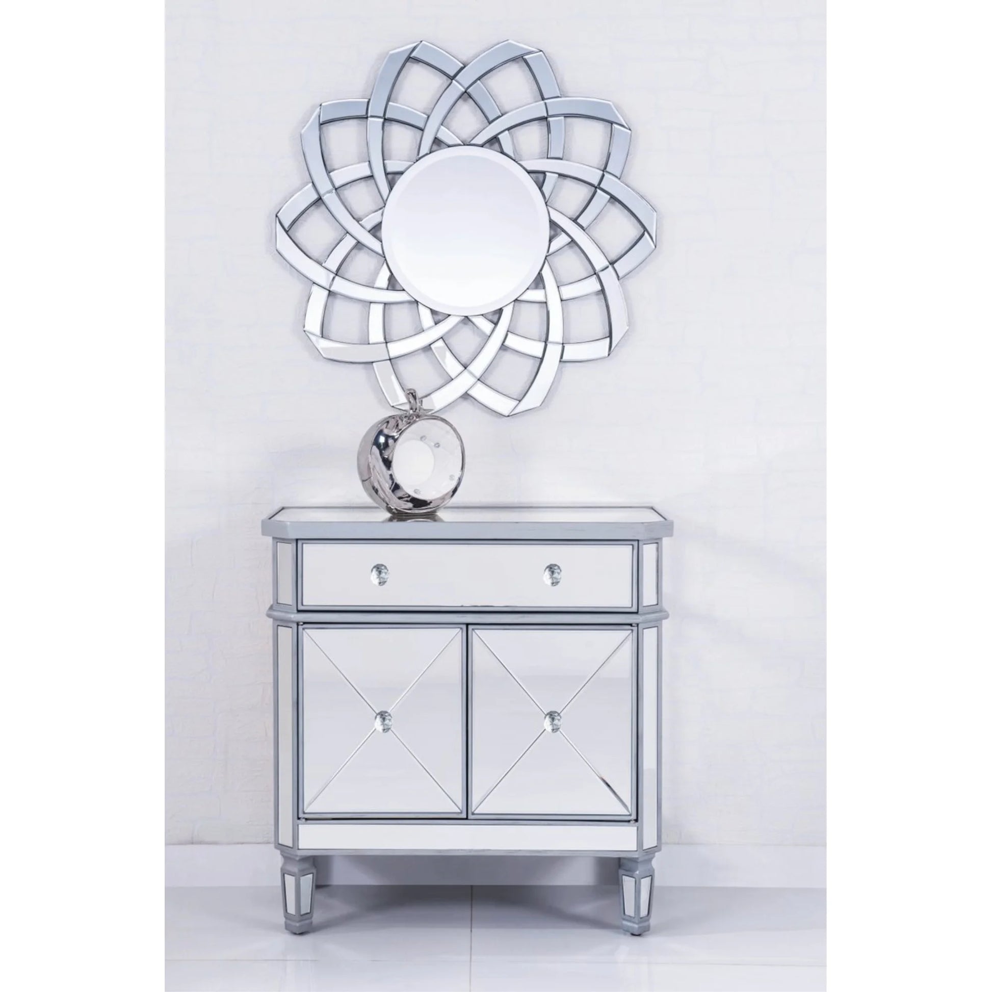 Elegant Lighting Side Cabinet Contemporary Silver Clear Brushed Steel Mirror Solid Wood Mirrors
