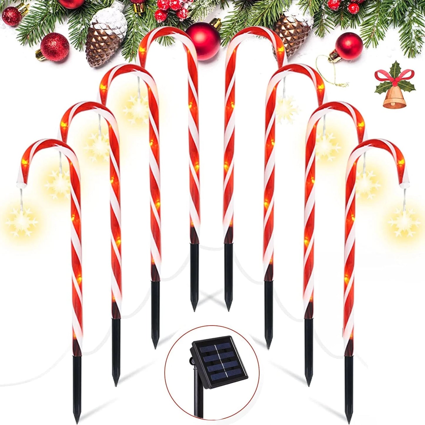 8 pk Solar Outdoor 20 inches LED 8 Modes Christmas Xmas Candy Cane Crutches with Stars Holiday Waterproof Pathway Warm Lights