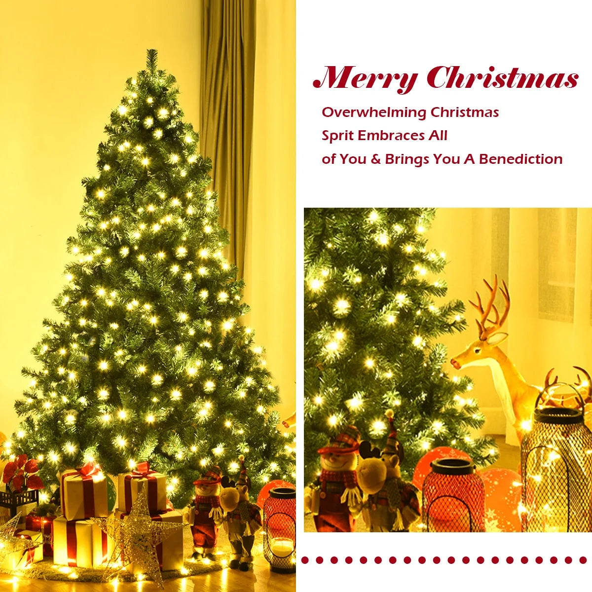 Costway 7Ft Pre-Lit PVC Hinged Christmas Tree 300 LED Lights Green