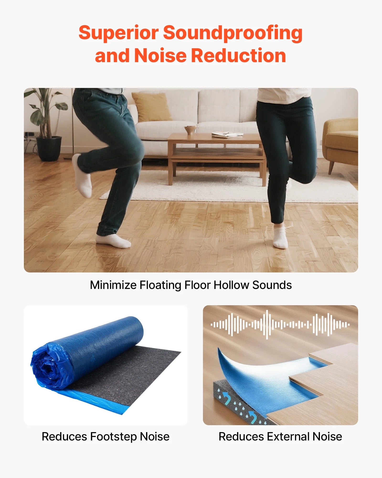 VEVOR Floor Underlayment 400 sq. ft, 3mm Laminate Flooring Padding with Attached Vapor Barrier, Heavy Duty Fiber+PE Film, Soundproofing & Noise Reduction for Vinyl & Wood(2 Rolls x 200 sq. ft)