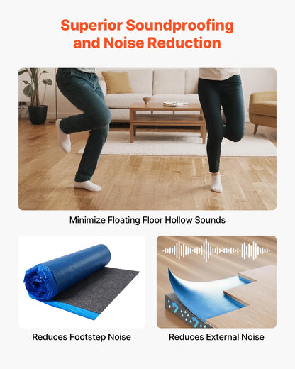 VEVOR Floor Underlayment 400 sq. ft, 3mm Laminate Flooring Padding with Attached Vapor Barrier, Heavy Duty Fiber+PE Film, Soundproofing & Noise Reduction for Vinyl & Wood(2 Rolls x 200 sq. ft)