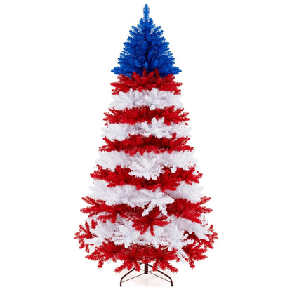 Costway 7.5 FT Patriotic Pre-Lit Artificial Christmas Tree with 1341 Branch Tips 480 Lights