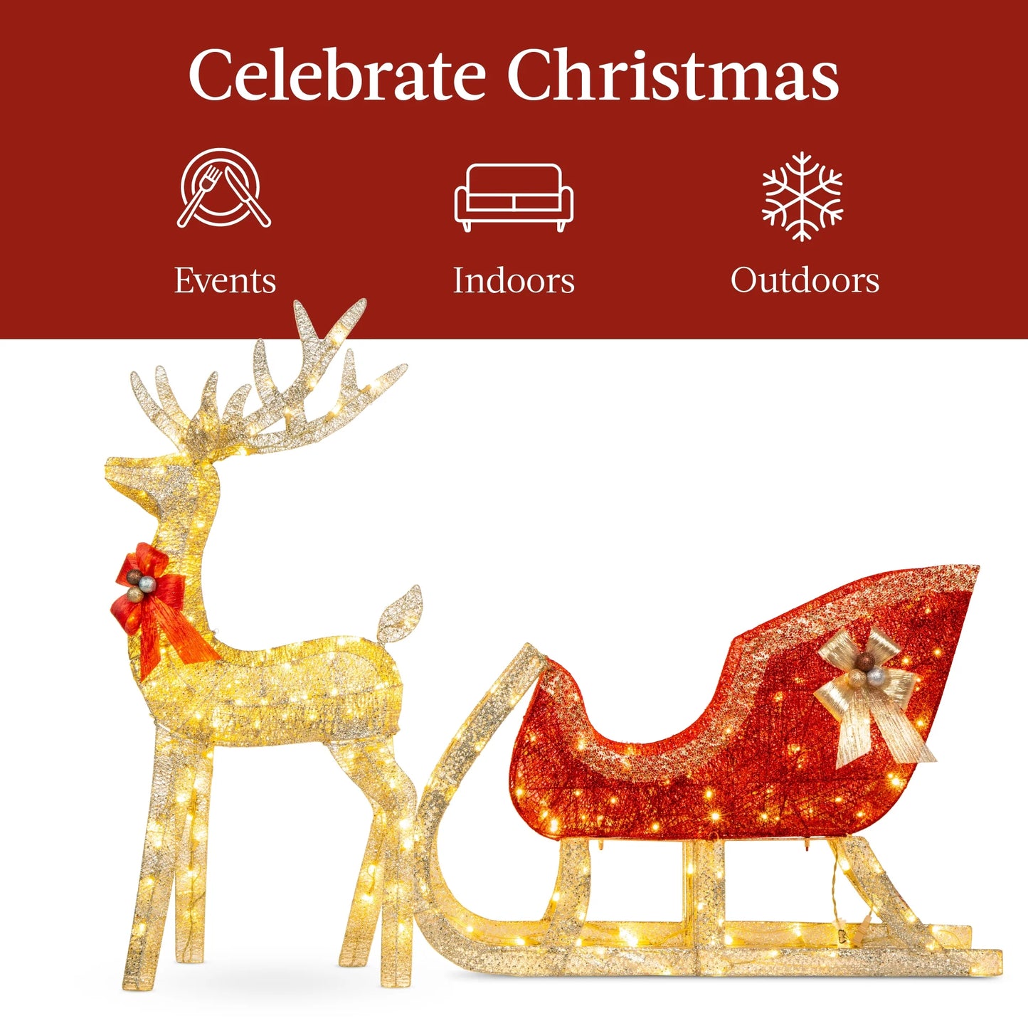 Best Choice Products Lighted Christmas 4ft Reindeer & Sleigh Holiday Outdoor Decor Set w/205 LED Lights, Stakes - Gold