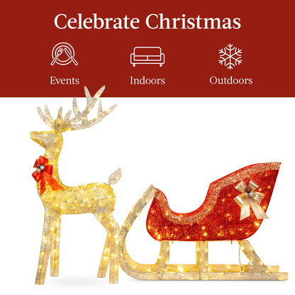 Best Choice Products Lighted Christmas 4ft Reindeer & Sleigh Holiday Outdoor Decor Set w/205 LED Lights, Stakes - Gold