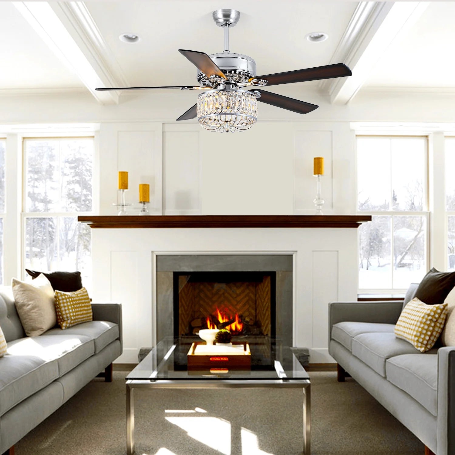 Kviflon 52" Farmhouse Ceiling Fan with Lights & Remote, Crystal Chandelier, Wood Blades, Quiet Motor, 6-Speed, Timer, Modern Lighting for Living Room, Bedroom, Dining Room, Chrome Finish