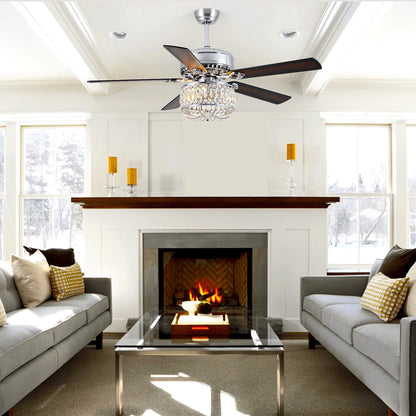 Kviflon 52" Farmhouse Ceiling Fan with Lights & Remote, Crystal Chandelier, Wood Blades, Quiet Motor, 6-Speed, Timer, Modern Lighting for Living Room, Bedroom, Dining Room, Chrome Finish