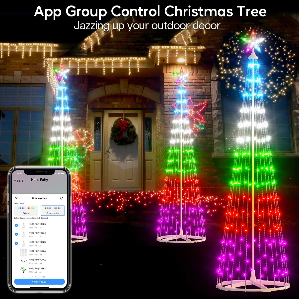 8FT 191 LED Christmas Cone Tree Smart Light with 58 Modes DIY Timer Remote Dimmable Artificial Christmas Tree for Porch Yard Patio Indoor Outdoor Xmas Holiday Decor