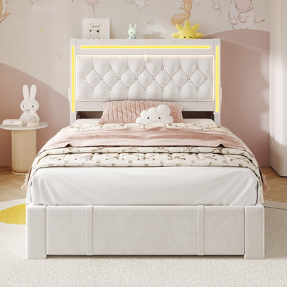 Platform Bed Twin Size with Storage Drawers and Headboard,, Twin Size Velvet Upholstered Bed with RGB Lighting and Power Outlet, No Box Spring Needed, Noise-Free, White