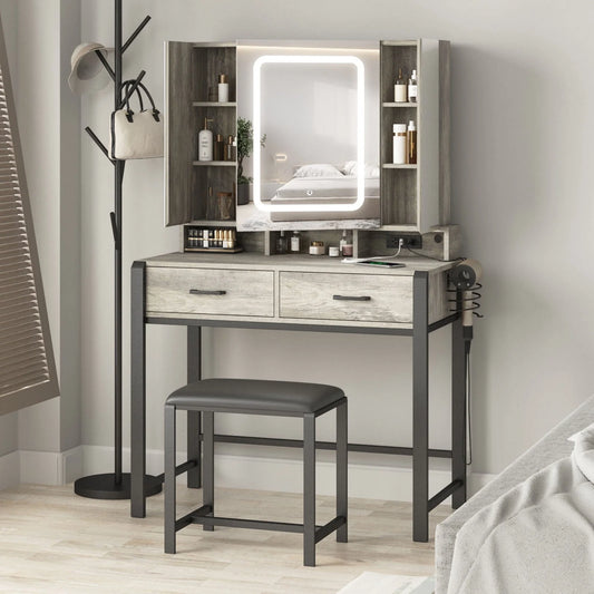 35.4in Makeup Vanity Desk with LED Lighted Mirror and Power Strip, Tri-Fold Mirror Makeup Table with Hair Dryer Rack,2 Drawers Vanity Set with Hidden Storage Shelves,3 Color Lighting Modes