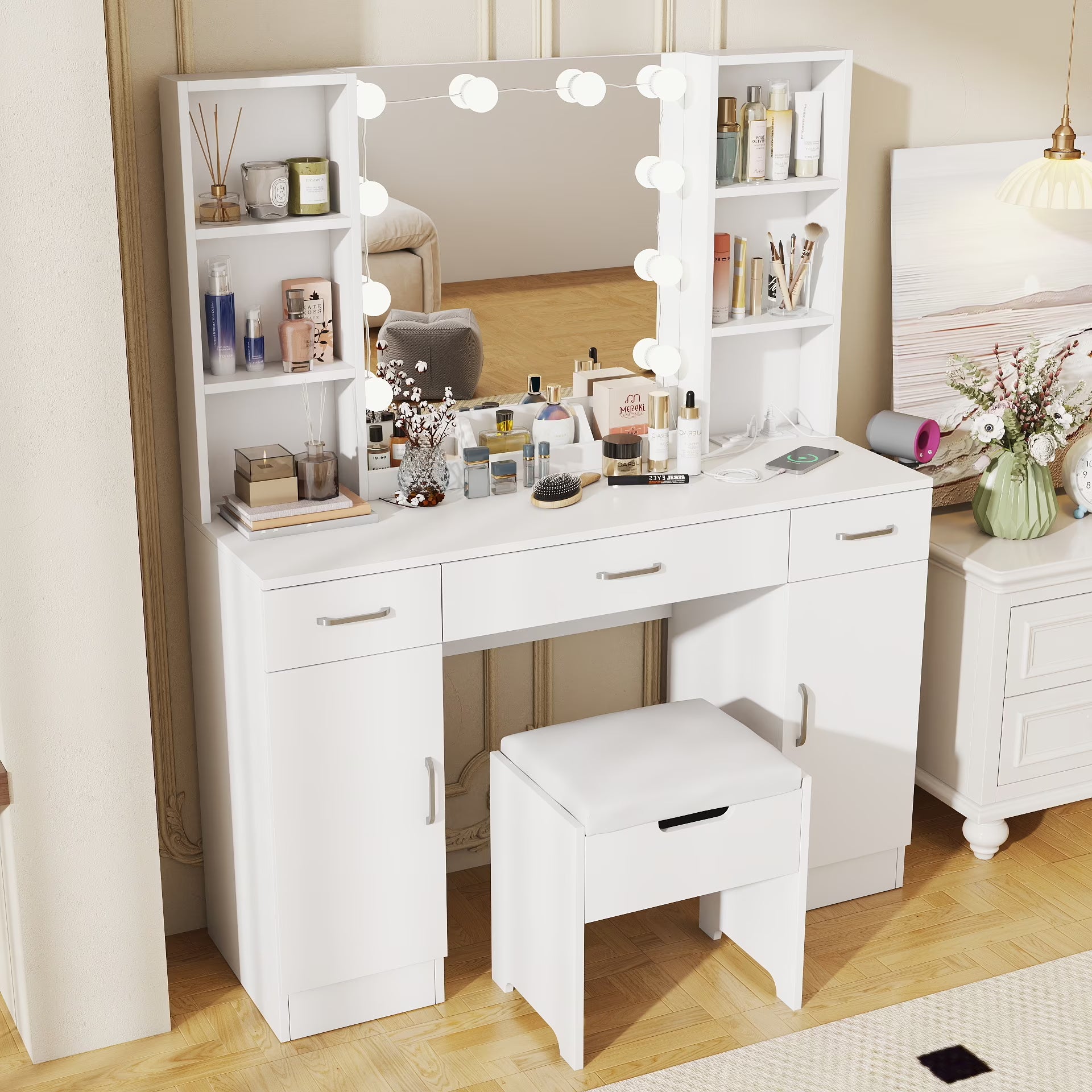 VEANERWOOD Large Makeup Vanity Set with Light Modern Makeup Vanity Table with Storage and Adjustable Lighting Colors for Bedroom 45.2in, White