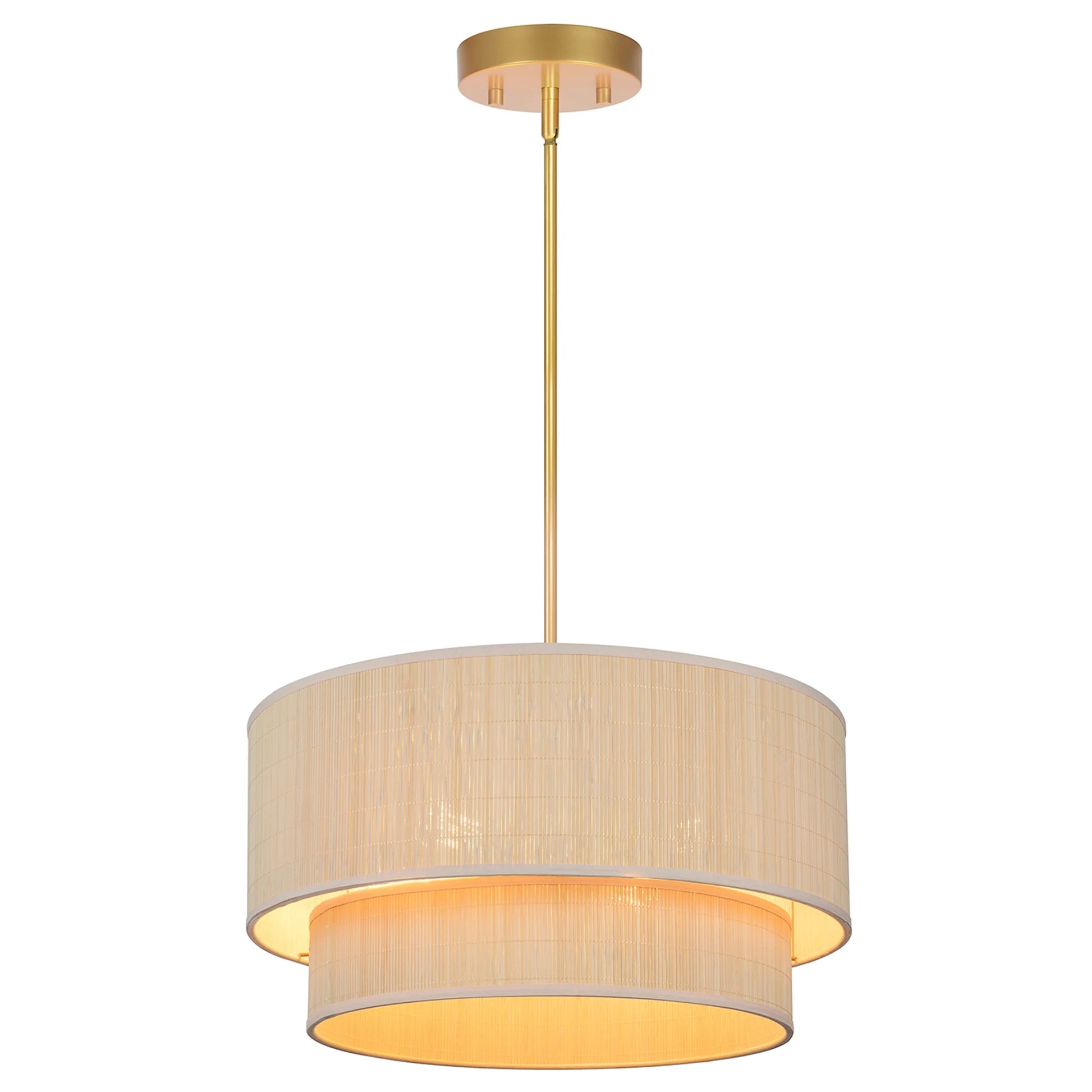 Prime Ray 20 in. 4-Light Natural Rattan Tiered Drum Pendant Chandelier Light with Gold Hardware