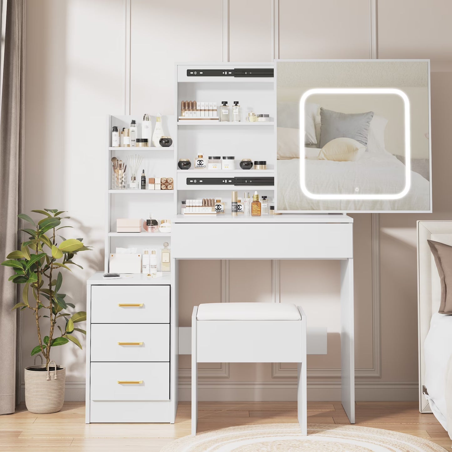 Vanity Desk with Sliding Mirror and Lights, Makeup Vanity Set with 4 Drawers, Stool, Power Outlet, Open Shelves, 3 Color Adjustable Lighting Modes, Makeup Dressing Table for Bedroom, White
