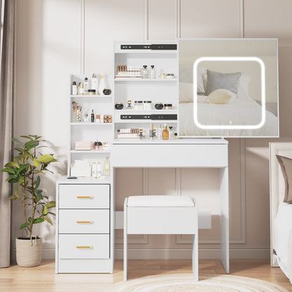 Vanity Desk with Sliding Mirror and Lights, Makeup Vanity Set with 4 Drawers, Stool, Power Outlet, Open Shelves, 3 Color Adjustable Lighting Modes, Makeup Dressing Table for Bedroom, White