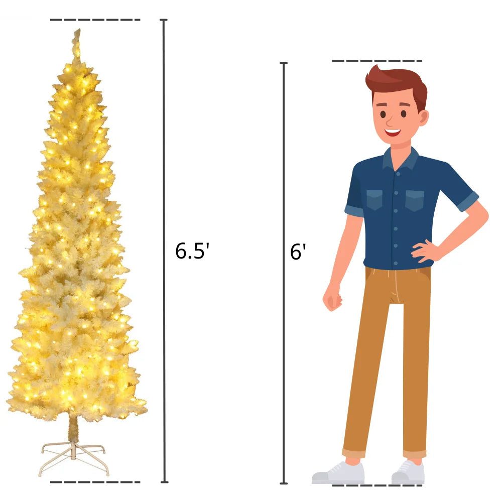 Ktaxon 6.5FT Pre-Lit Christmas Tree, Warm White Lights Pencil Xmas Tree, Slim Christmas Tree with 719 Tips, White