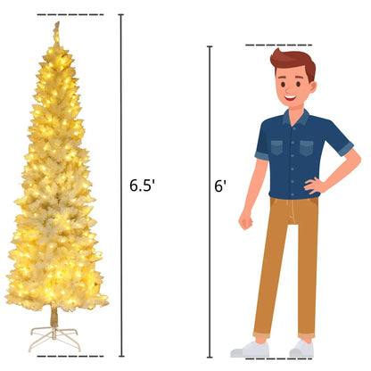 Ktaxon 6.5FT Pre-Lit Christmas Tree, Warm White Lights Pencil Xmas Tree, Slim Christmas Tree with 719 Tips, White
