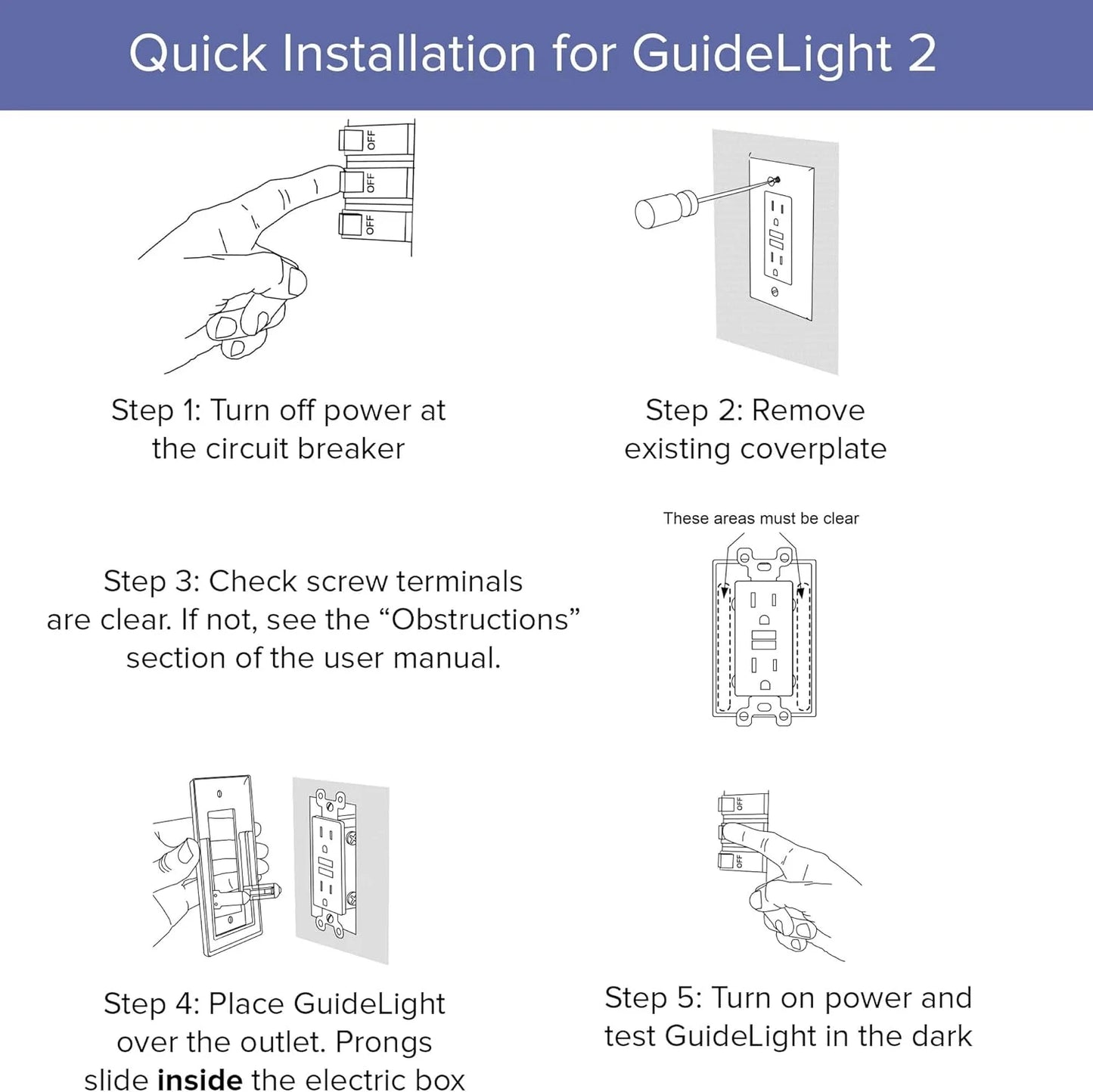6 Pack - SnapPower GuideLight 2 [For Duplex Outlets] - Replaces Plug-In Night Light - Electrical Receptacle Wall Plate With LED Night Lights - Auto On/Off Sensor - (Duplex, White)