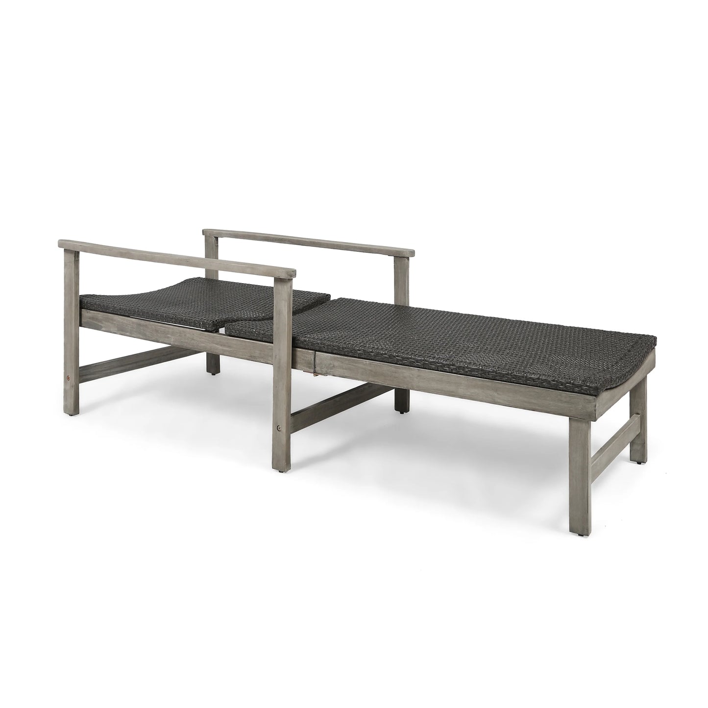 Christopher Knight Home Hampton Outdoor Rustic Acacia Wood Chaise Lounge with Wicker Seating by mixed black, light gray wash
