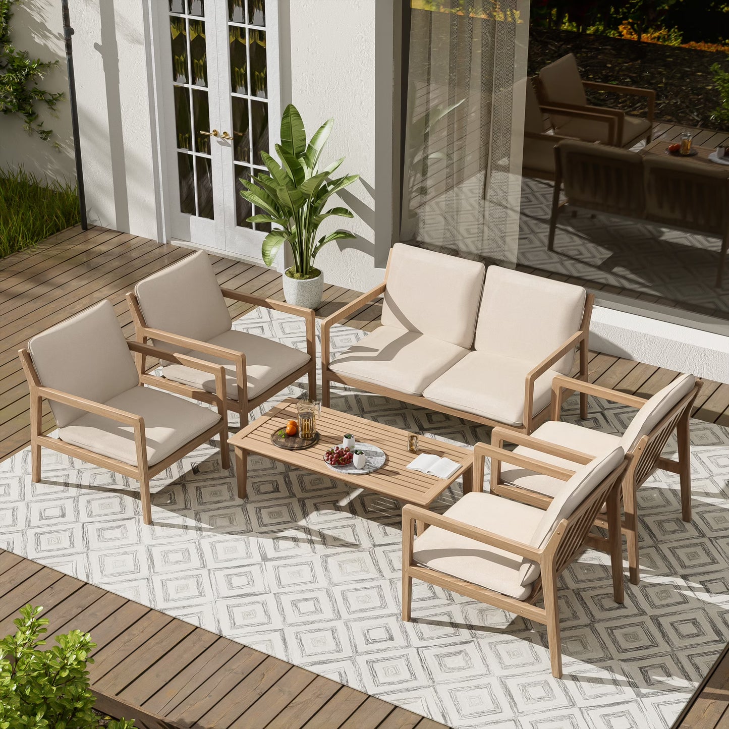 Christopher Knight Home 4-Piece Outdoor Conversation Set, Solid Wood Frame with Beige Cushions, Light Teak