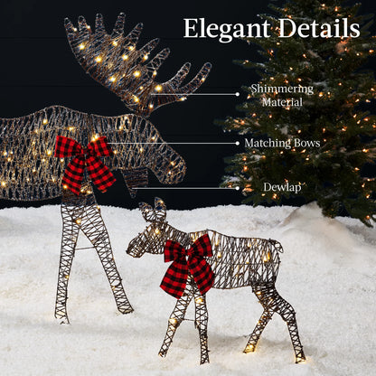 Best Choice Products 4ft 2-Piece Lighted 2D Christmas Moose Set Outdoor Decor w/125 LED Lights, Stakes - Rattan