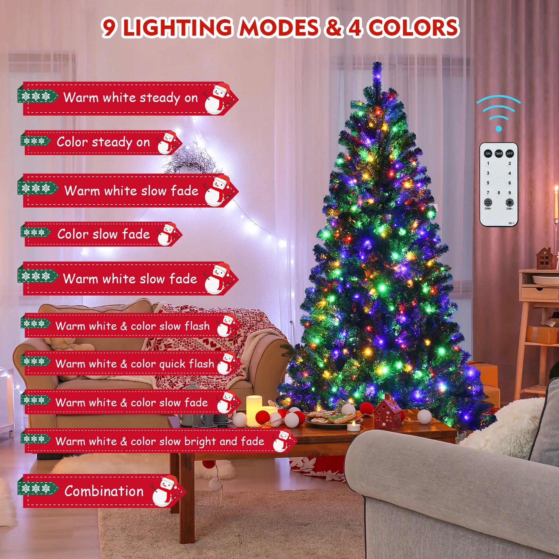 Costway 7ft Pre-lit Hinged Christmas Tree w/Remote Control & 9 Lighting Modes