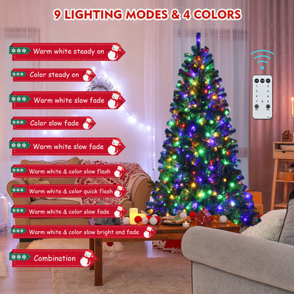 Costway 7ft Pre-lit Hinged Christmas Tree w/Remote Control & 9 Lighting Modes
