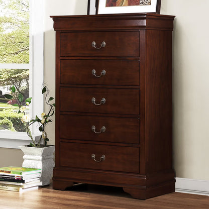 5 Drawer Wooden Chest With Metal Hardware, Cherry Brown- Saltoro Sherpi