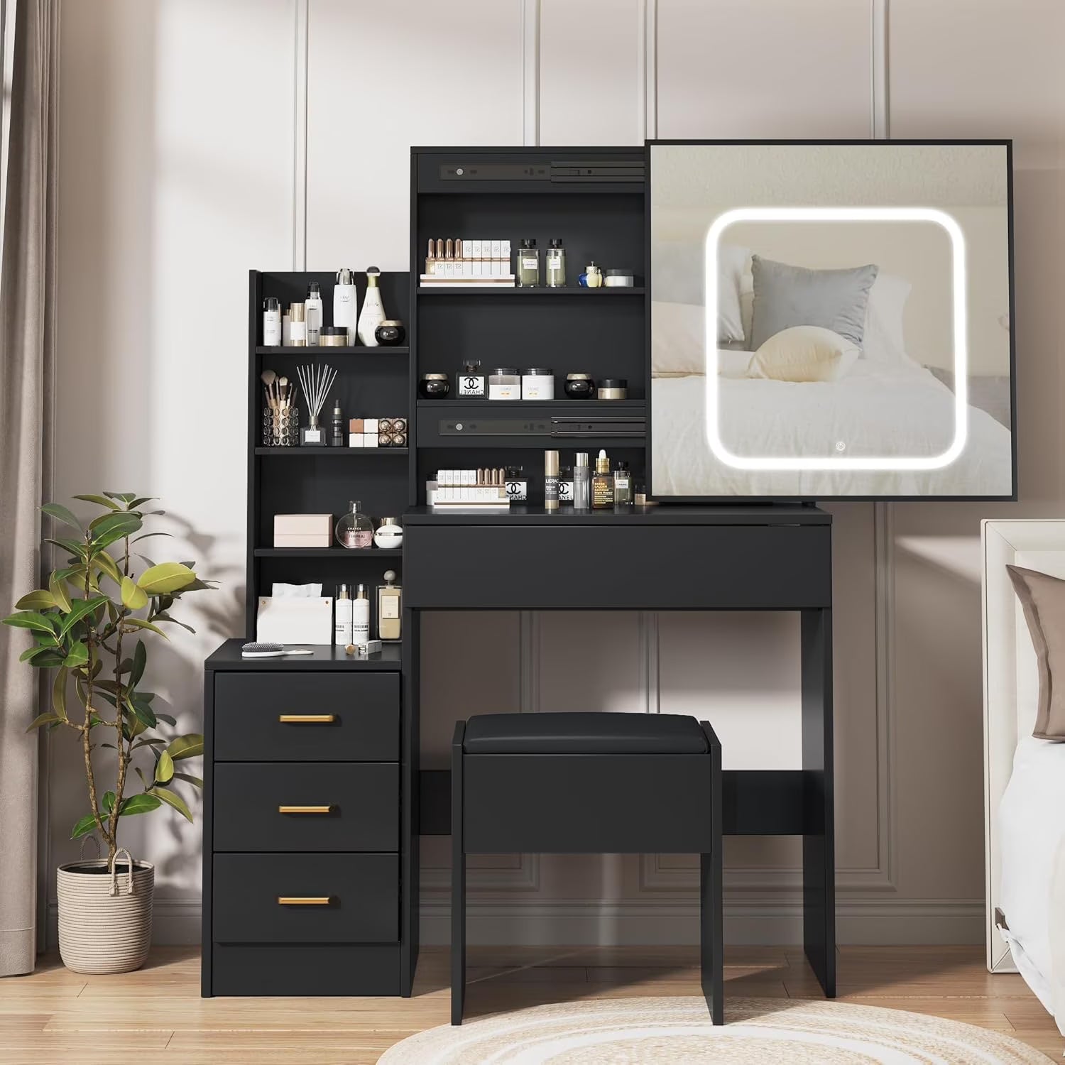 Vanity Desk with Sliding Mirror and Lights, Makeup Vanity Set with Power Outlet, 4 Drawers, Stool, Open Shelves, 3 Color Lighting Modes, Brightness Adjustable, Makeup Dressing Table for Bedroom