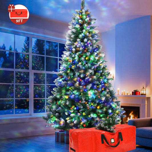 Yexmas 9ft Pre-Lit Green Christmas Tree, 11 Modes Colored LED Lights, Artificial Xmas Tree with Large Storage Bag