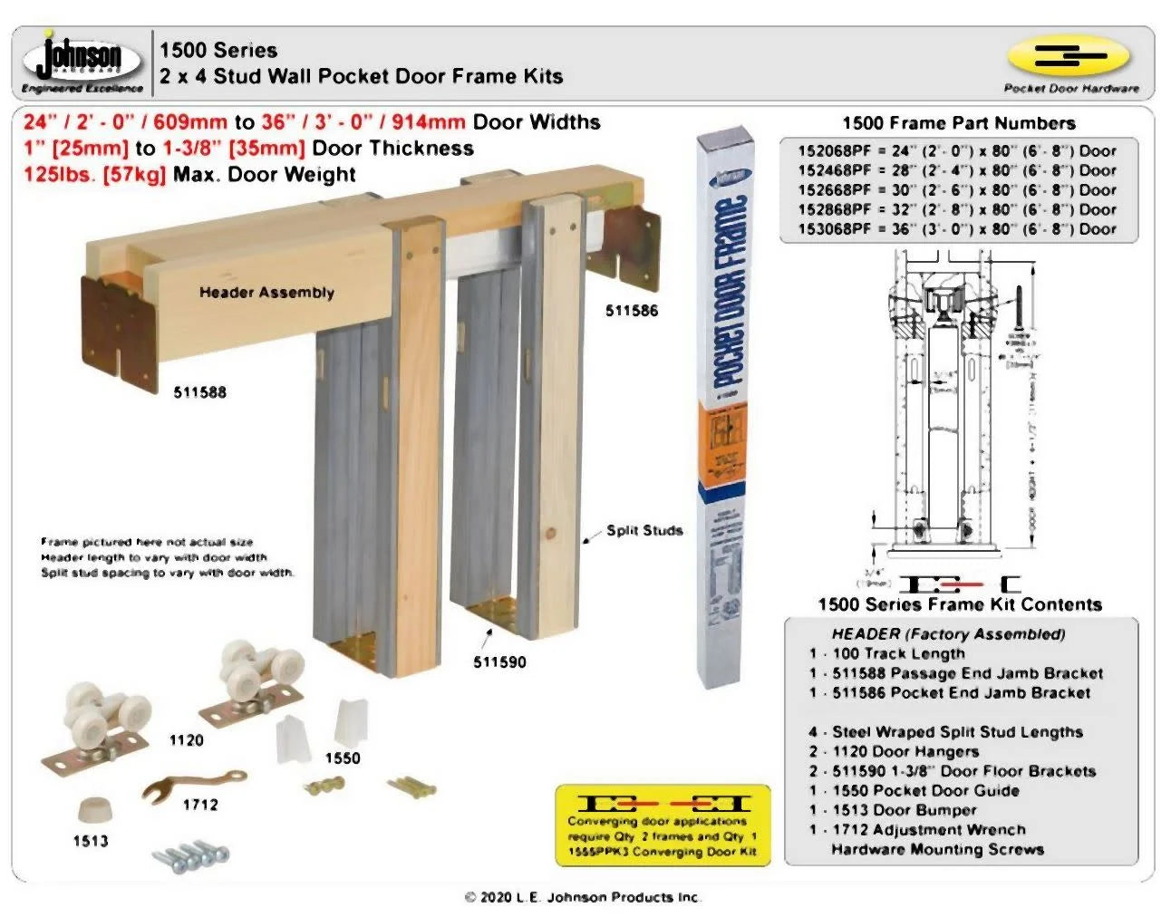 Johnson Hardware JH152668PF 1500 Series Pocket Door System Frame Kit For 2'6" X 6'8" Doors