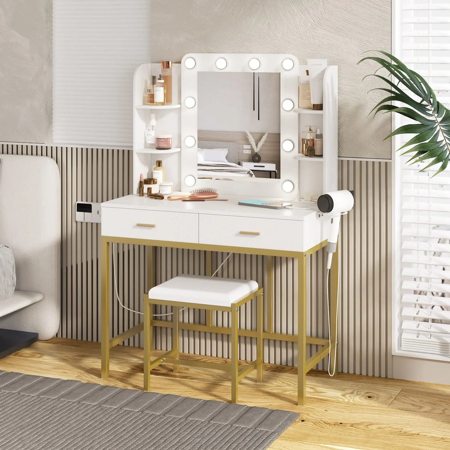 Makeup Vanity with Lighted Mirror & Power Strip, White Vanity Set Vanity Desk with Hair Dryer Holder, Modern Makeup Vanity 3 Lighting Colors, Brightness Adjustable, 35.5in(W)