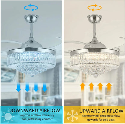 Datingday 42 Inch Crystal Ceiling Fan Golden Crystal Ceiling Fan Chandelier with Remote 6 Speeds 3 Colors Changes Lighting Fixture, 4 Blades Retractable Fans for Bedroom Living Room Dining Room