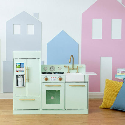 Teamson Kids Little Chef Charlotte Play Kitchen Set – Toddler Wooden Kitchen Playset with Stove. Sink & Refrigerator. Toy Cooking Set for Ages 1-7. Mint/Gold